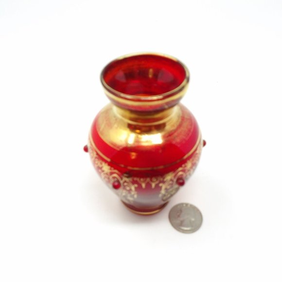 Vintage Hand Blown Red Glass Vase with Gold Design and Red Applied Glass Dots 4 - Picture 8 of 10